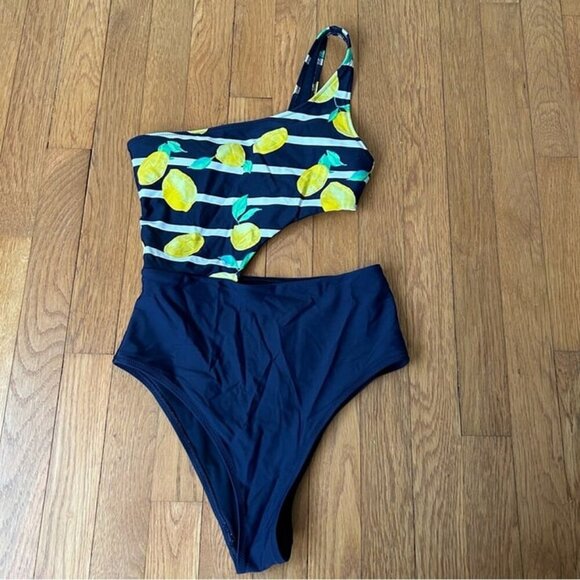 NWOT Aerie Lemon Print One-Shoulder Cutout Navy Blue Yellow Swimsuit Size Small - Picture 1 of 4
